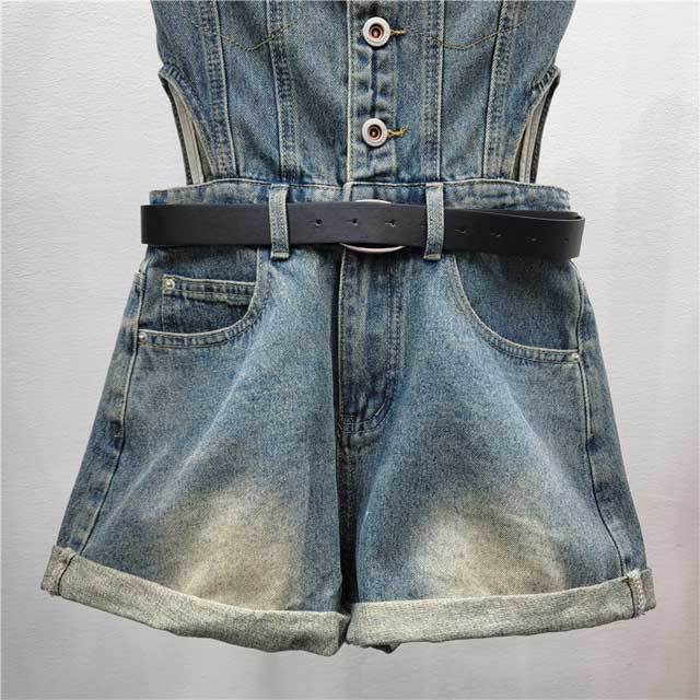 Denim Button Strapless Cargo Romper