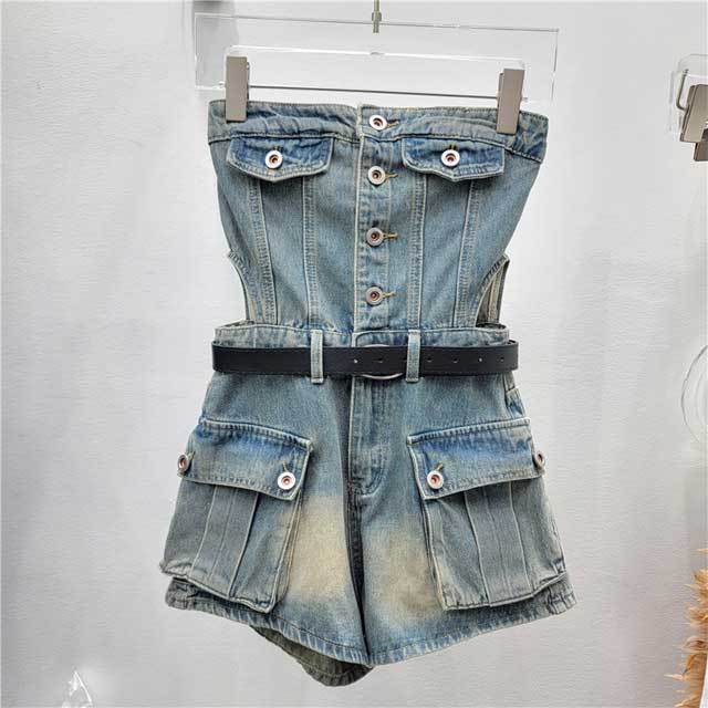 Denim Strapless Cargo Romper