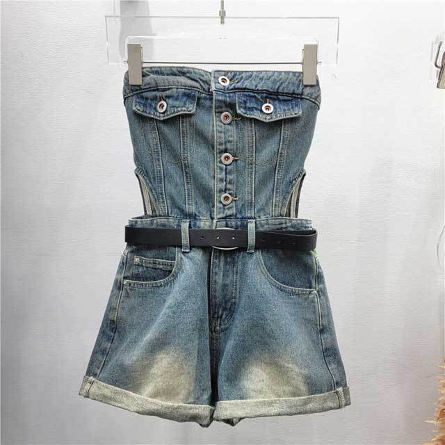Denim Button Strapless Cargo Romper
