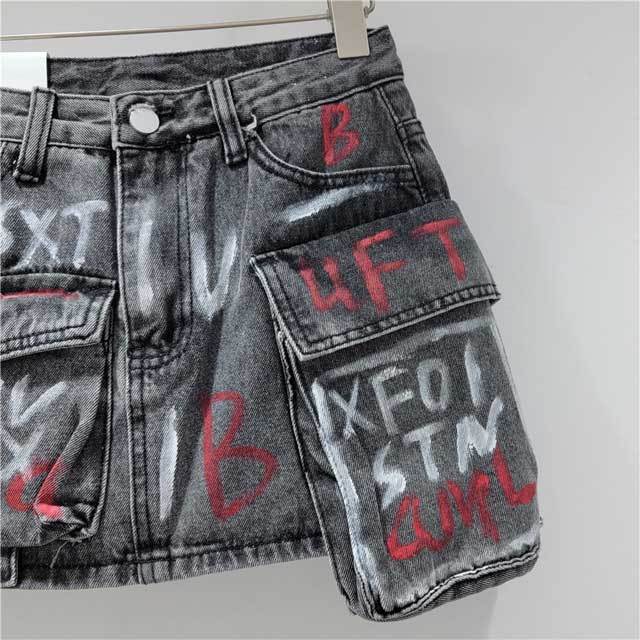 Graffiti Denim Cargo Skirt