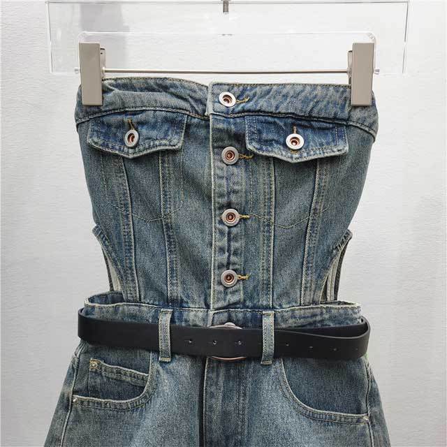 Denim Button Strapless Cargo Romper