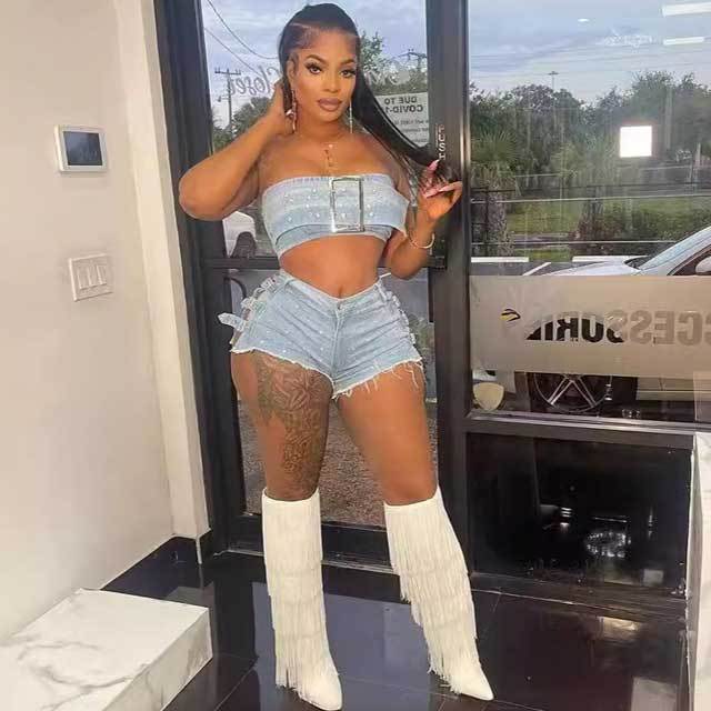 Rhinestones Denim Tube Top Hollow Out Shorts Set