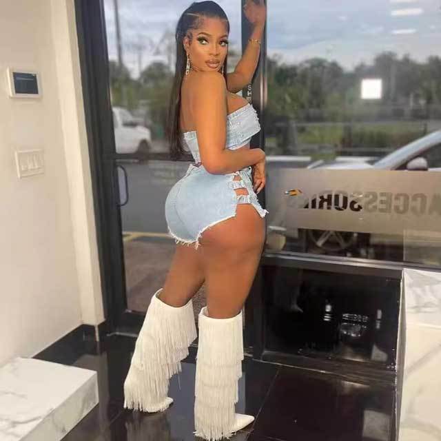Rhinestones Denim Tube Top Hollow Out Shorts Set