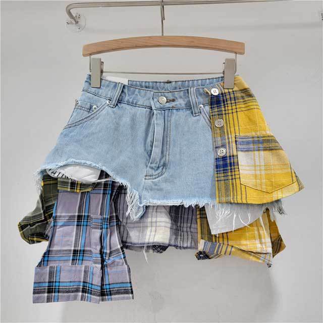 Plaid Patchwork Denim Irregular Skirt