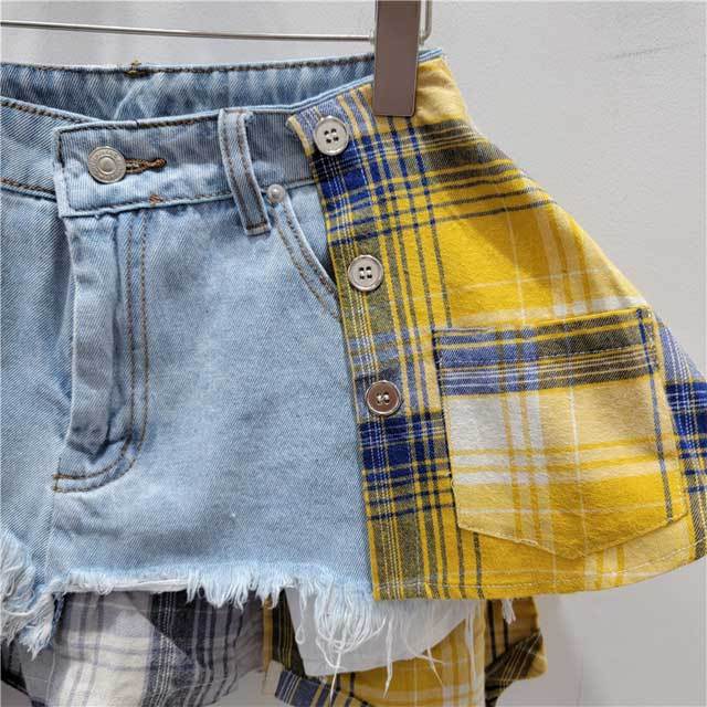 Plaid Patchwork Denim Irregular Skirt