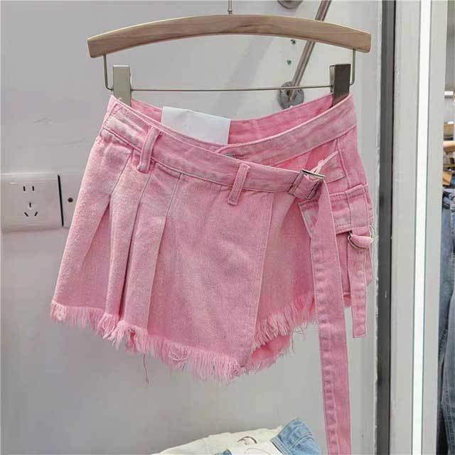 Denim High Waist Pleated Shorts
