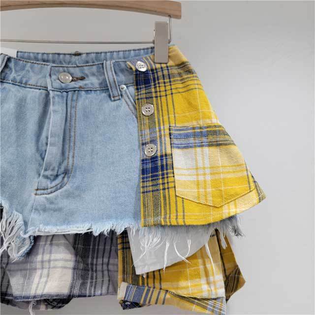Plaid Patchwork Denim Irregular Skirt