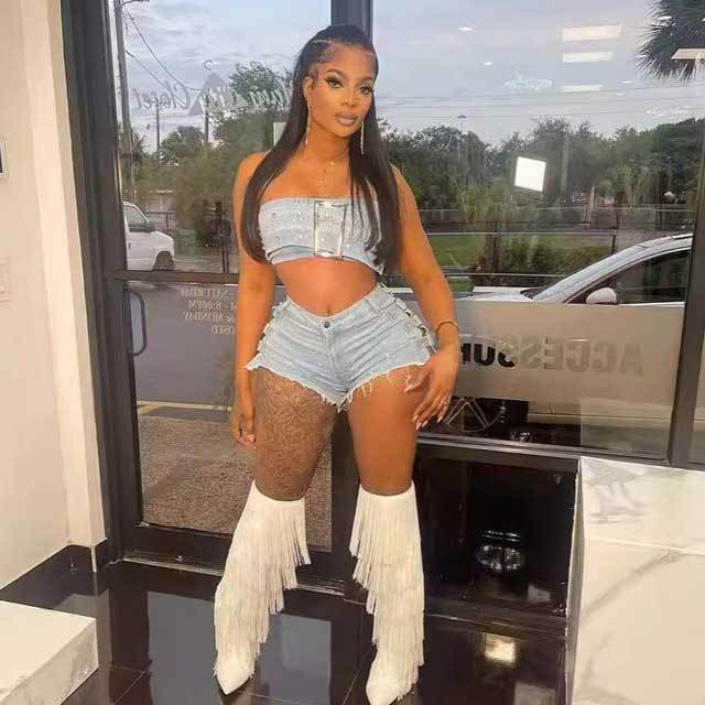 Rhinestones Denim Tube Top Hollow Out Shorts Set