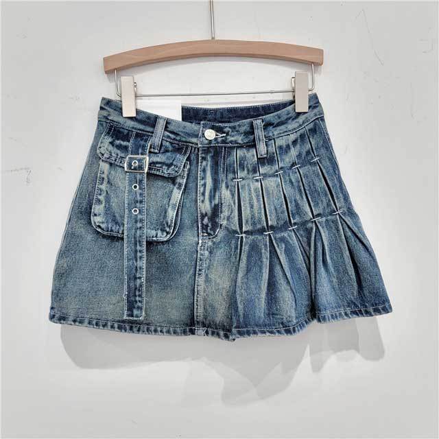 High Waist Denim Pleated Cargo Skirt