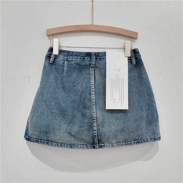 High Waist Denim Pleated Cargo Skirt