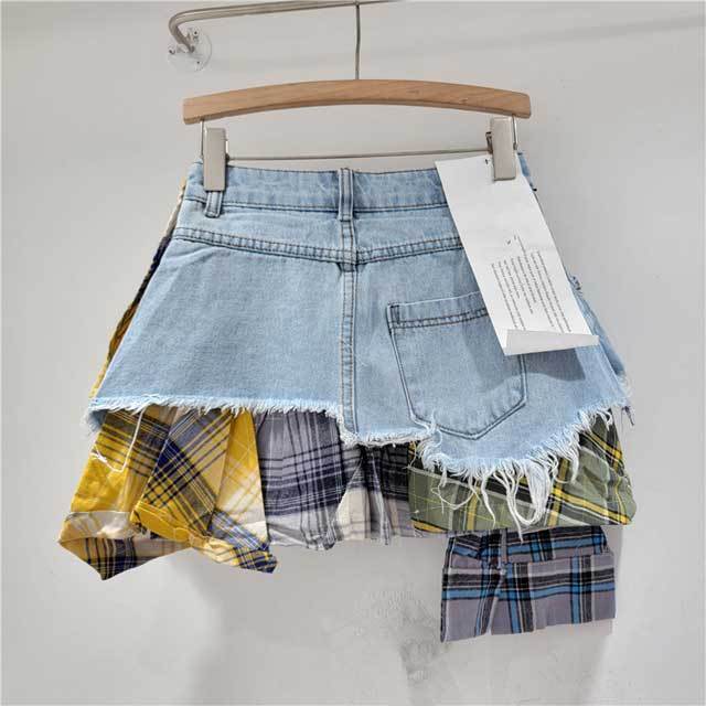 Plaid Patchwork Denim Irregular Skirt