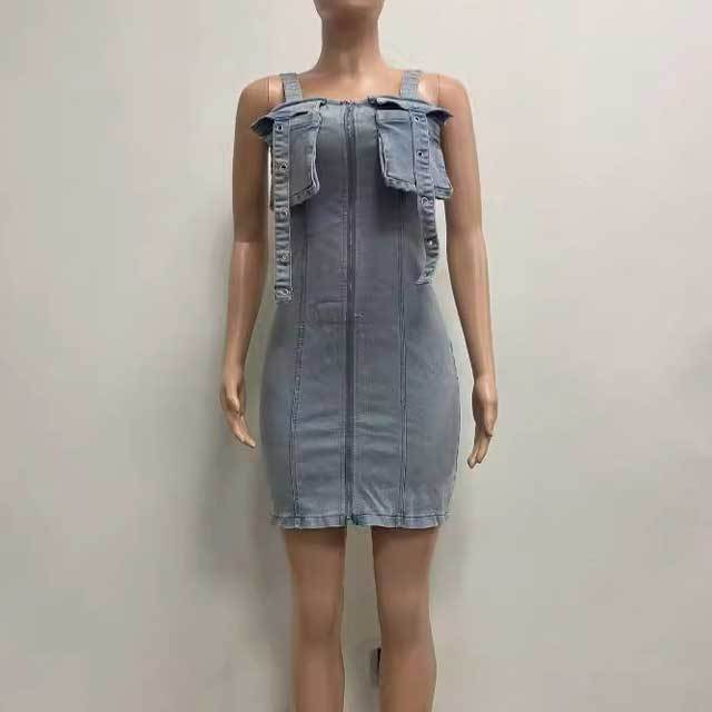 Denim Zipper Up Cargo Dress