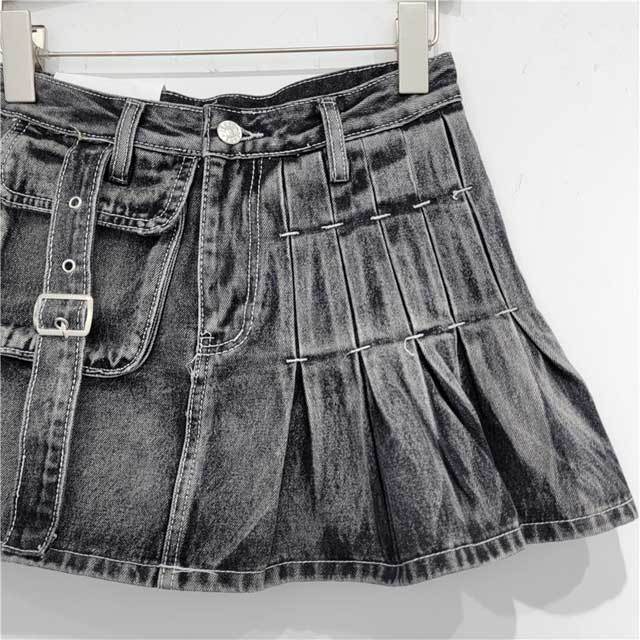 High Waist Denim Pleated Cargo Skirt
