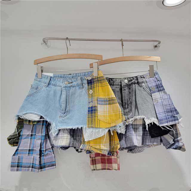 Plaid Patchwork Denim Irregular Skirt