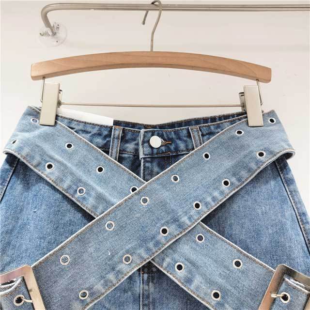 Buckle Strap Denim Cargo Skirt