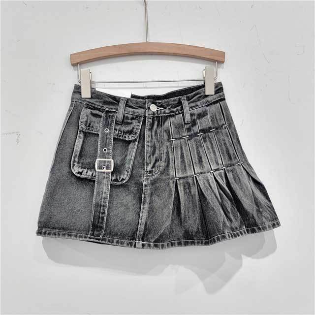 High Waist Denim Pleated Cargo Skirt