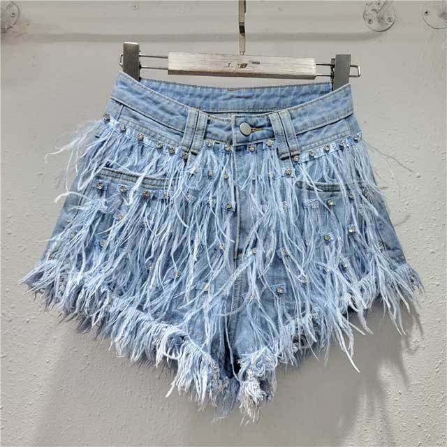 Rhinestones Feather Denim Shorts