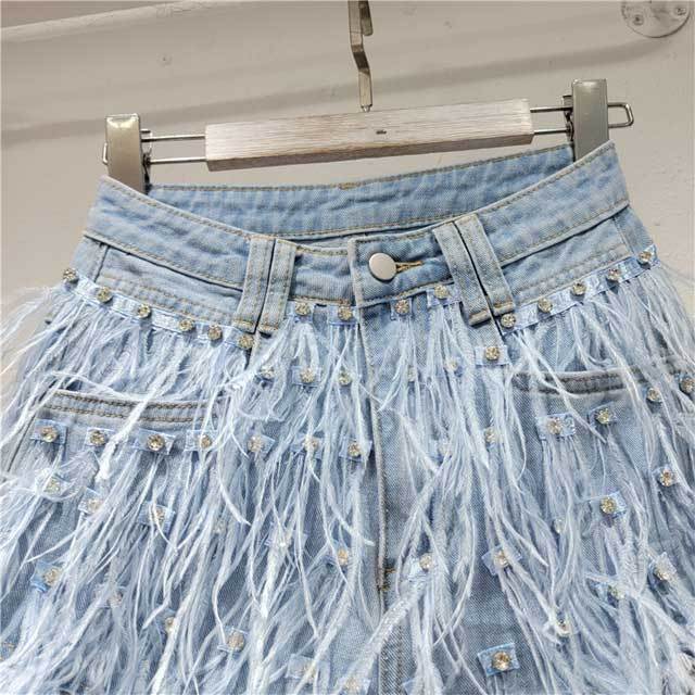 Rhinestones Feather Denim Shorts
