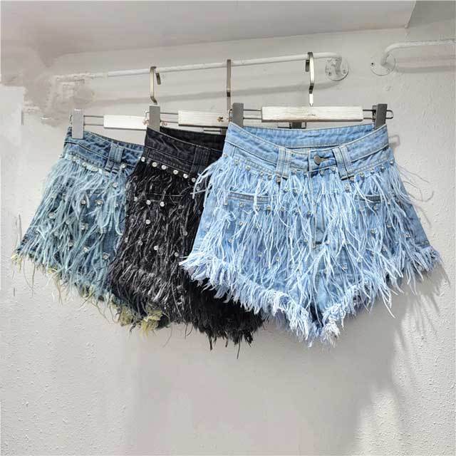 Rhinestones Feather Denim Shorts