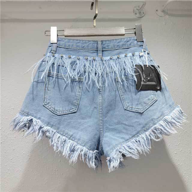 Rhinestones Feather Denim Shorts