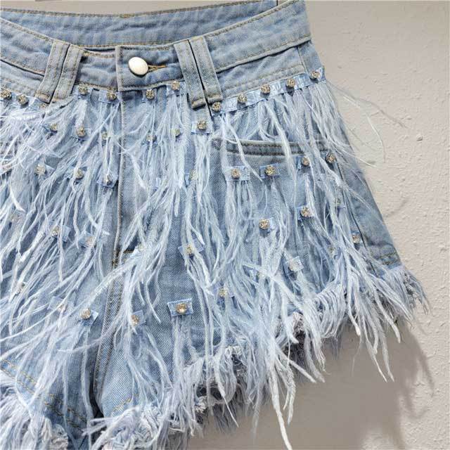 Rhinestones Feather Denim Shorts