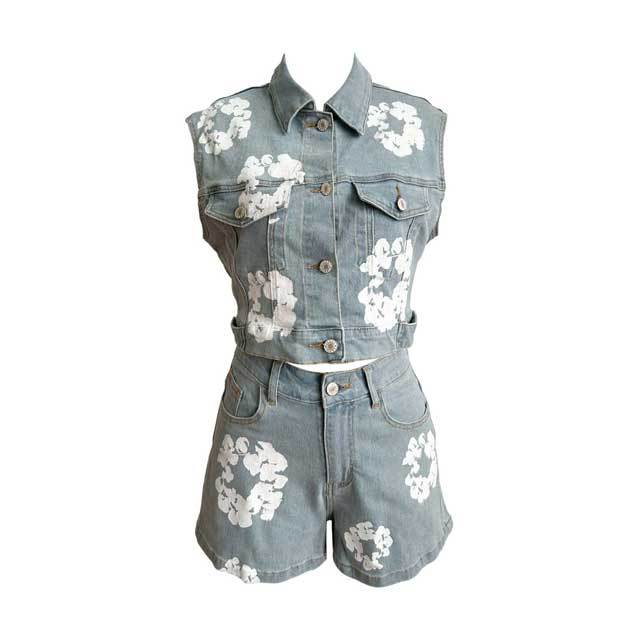 Printed Denim Sleeveless Jacket Top Short Set