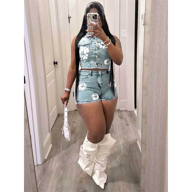 Printed Denim Sleeveless Jacket Top Short Set