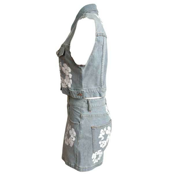 Printed Denim Sleeveless Jacket Top Short Set