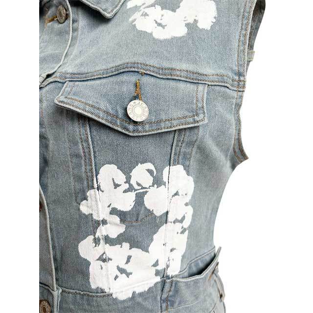 Printed Denim Sleeveless Jacket Top Short Set