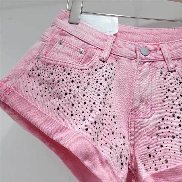 Rhinestones Crimping Denim Shorts