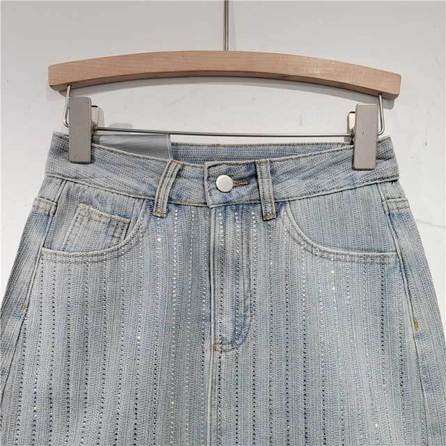 Rhinestones High Waist Denim Skirt