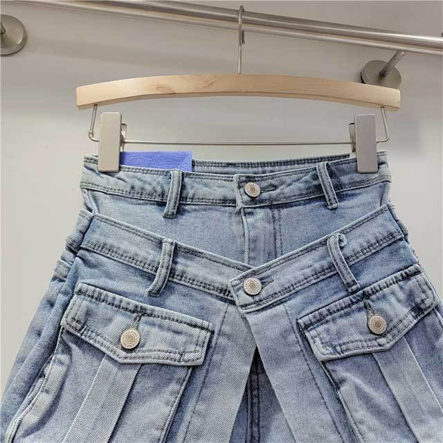 Fake Two Piece High Waist Denim Cargo Shorts