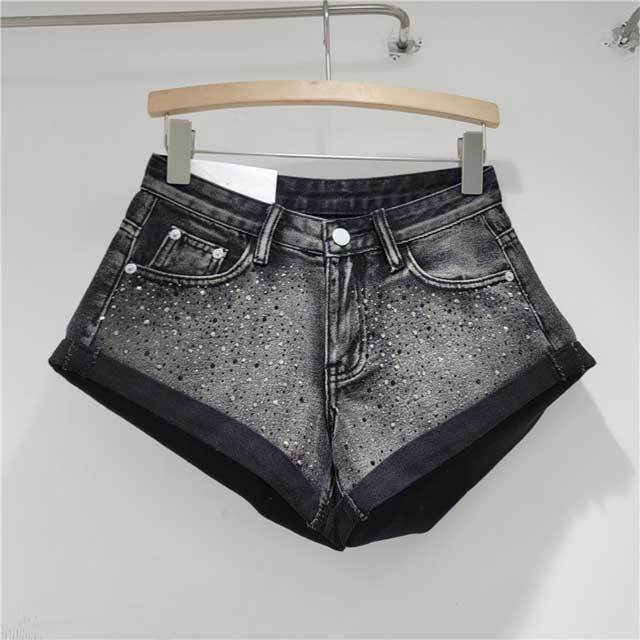 Rhinestones Crimping Denim Shorts