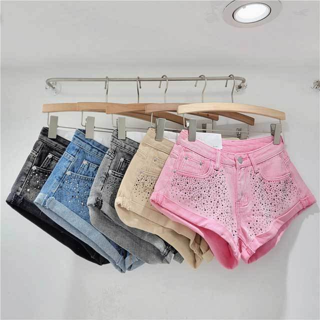 Rhinestones Crimping Denim Shorts