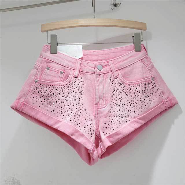 Rhinestones Crimping Denim Shorts