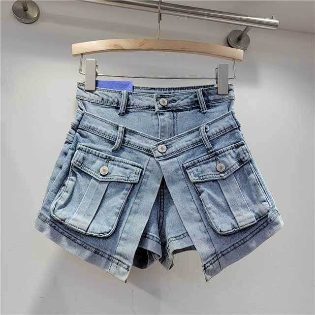 Fake Two Piece High Waist Denim Cargo Shorts