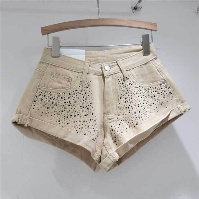 Rhinestones Crimping Denim Shorts