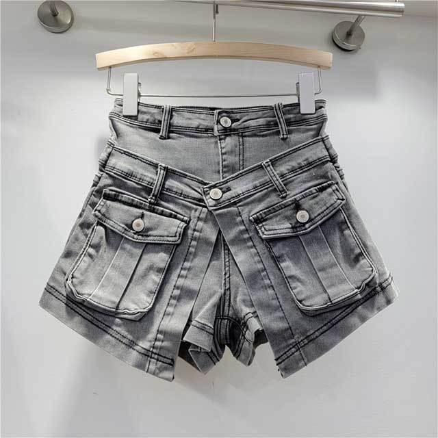 Fake Two Piece High Waist Denim Cargo Shorts