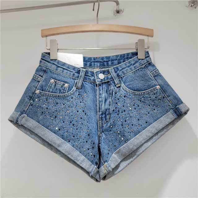 Rhinestones Crimping Denim Shorts