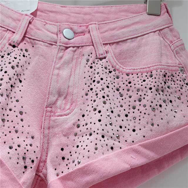 Rhinestones Crimping Denim Shorts