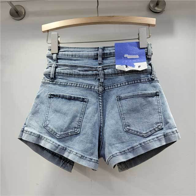 Fake Two Piece High Waist Denim Cargo Shorts