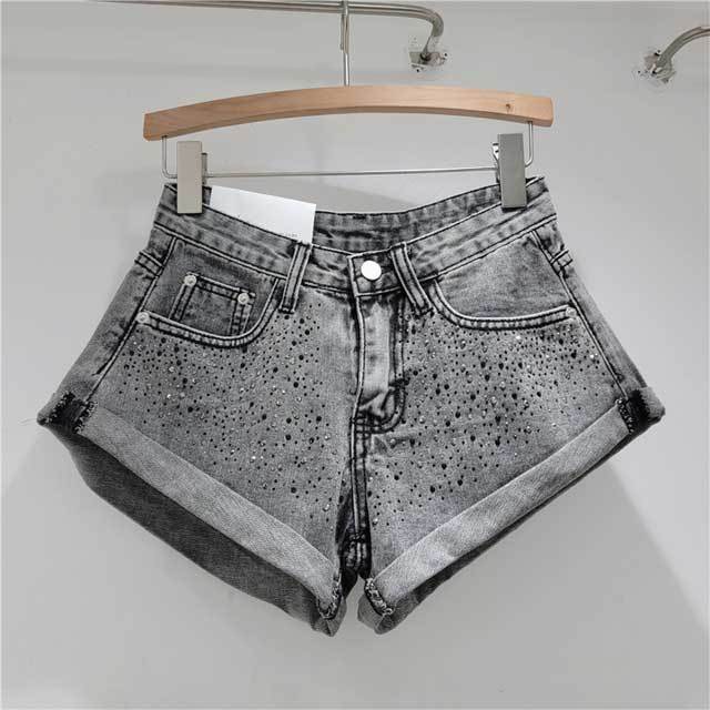 Rhinestones Crimping Denim Shorts