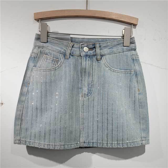 Rhinestones High Waist Denim Skirt