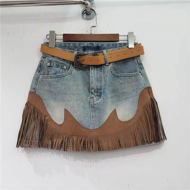 High Waist Tassel Denim Skirt