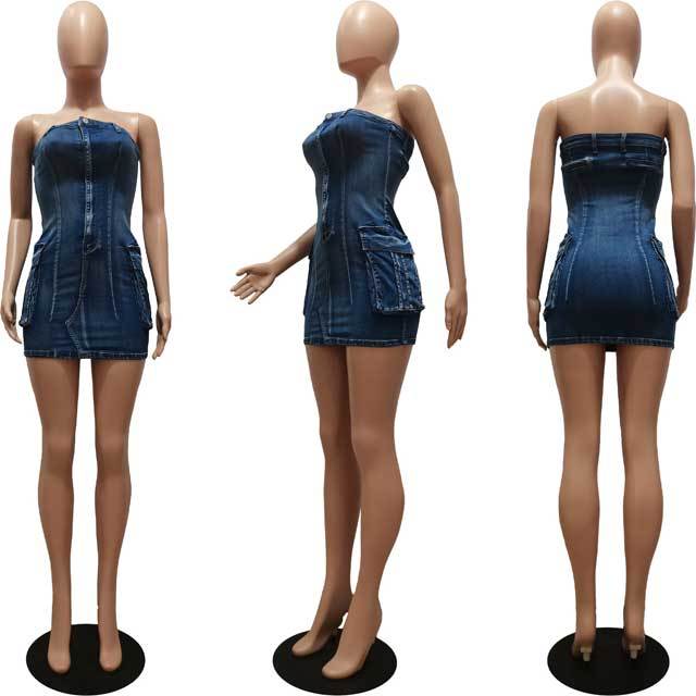 Denim Button Strapless Cargo Dress
