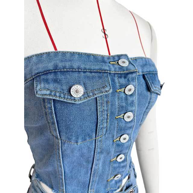 Denim Strapless Top Irregular Cargo Short Set