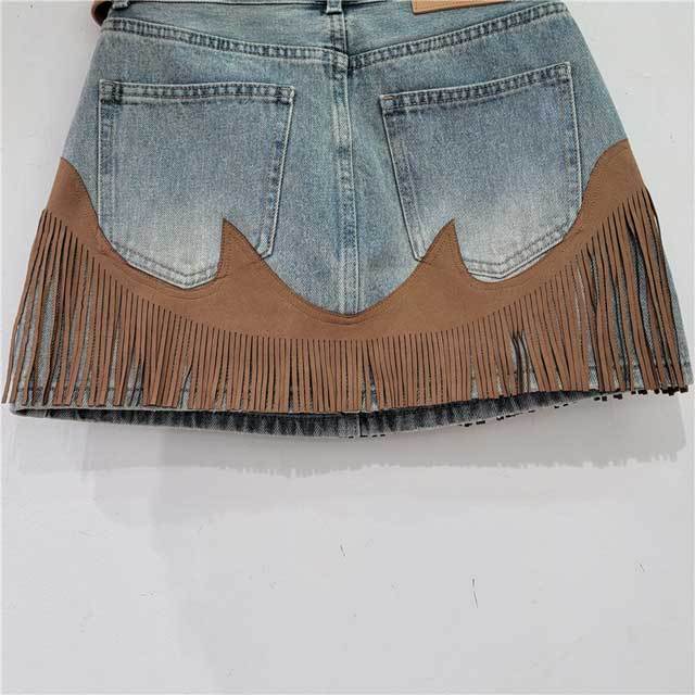 High Waist Tassel Denim Skirt