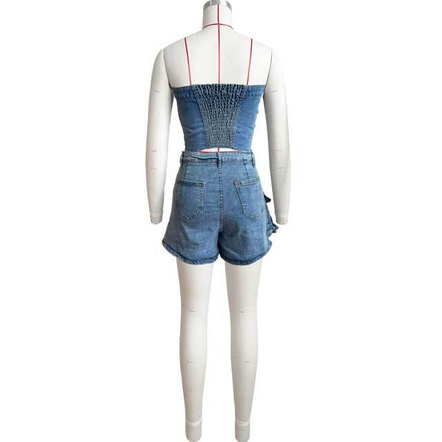 Denim Strapless Top Irregular Cargo Short Set