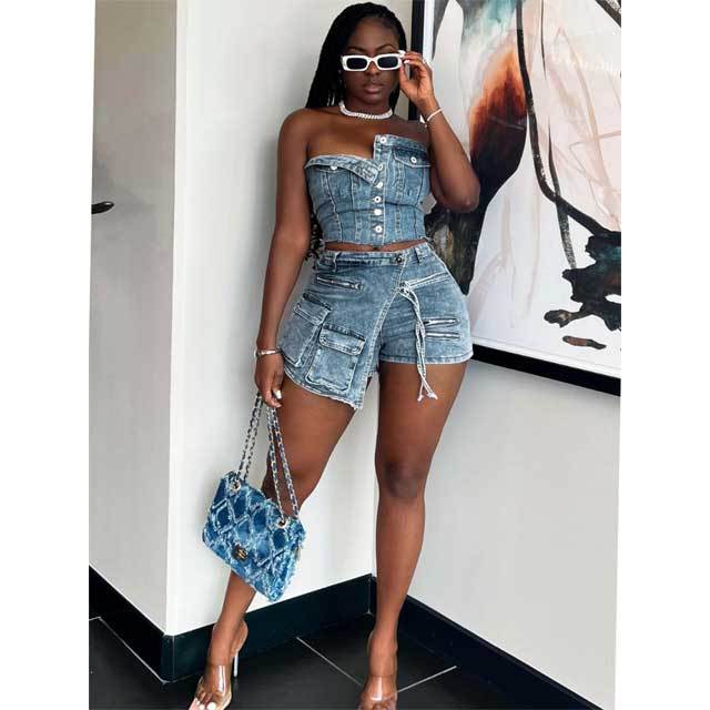 Denim Strapless Top Irregular Cargo Short Set