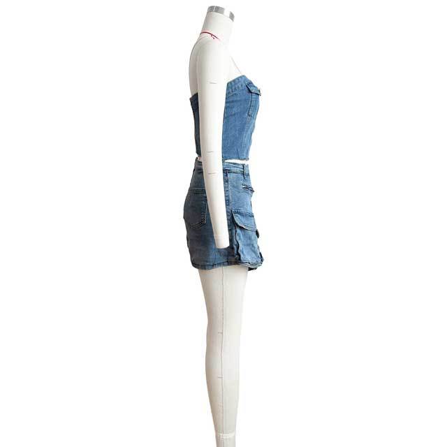 Denim Strapless Top Irregular Cargo Short Set